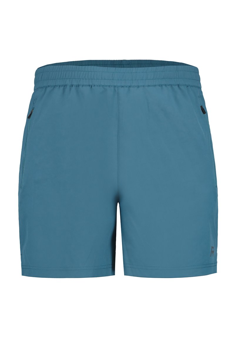 Herrbadbyxor, tillverkade av lätt blått tyg, har en elastisk midjee och sidofickor, med minimalisk design och subtil branding.