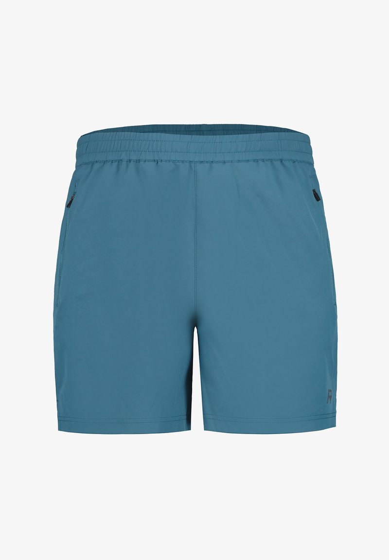 Herrbadbyxor, tillverkade av lätt blått tyg, har en elastisk midjee och sidofickor, med minimalisk design och subtil branding.