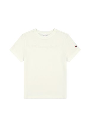 White cotton T-shirt with short sleeves, featuring an embossed "Champion" logo on the front and a small logo accent on the left sleeve.