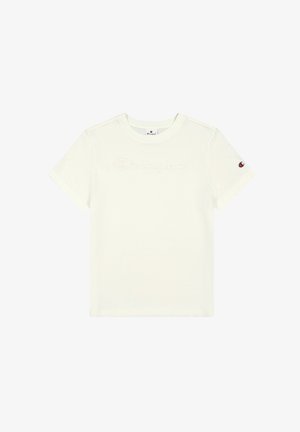 Weißes Baumwoll-T-Shirt mit kurzen Ärmeln, das ein geprägtes "Champion"-Logo auf der Vorderseite und einen kleinen Logo-Akzent auf dem linken Ärmel aufweist.