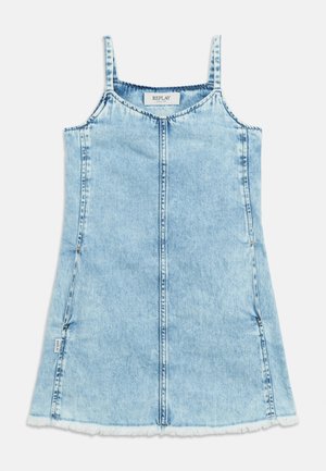 Vaaleansininen farkkumainen hihaton mekko ohuilla olkaimilla, keskisauma, merkkilappu ja rispaantunut helma.