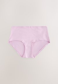 Culotte taille haute en coton rose clair avec texture lisse et bords cousus, présentant un design simple et des ouvertures pour les jambes standards.