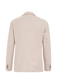 Hellbeige taillierter Blazer mit einer glatten Textur, einreihigem Design, Reverskragen und drei Knopf-Details an jedem Ärmel.