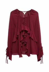 Bordeaux blouse met ruches aan de voorkant, striksluiting aan de hals en lange mouwen met gathered stof en strikjes bij de manchetten. Glad textuur.