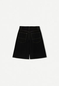 Black denim shorts, featuring a wide-leg design, with contrasting yellow stitching and two back pockets. Smooth texture, mid-rise waist.