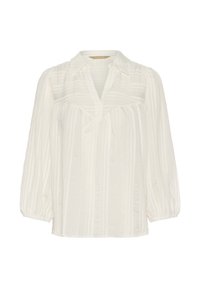 Blusa bianca leggera con una trama morbida, strisce verticali, colletto a punta e maniche a palloncino arricciate. Presenta un'apertura a V.
