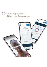 SmartAppGuided™ app-gränssnitt på tre smartphones, med eleganta svarta kanter, detaljerad hudanalys, rutin kalender och färgglada ikoner.