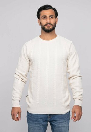 Homme aux cheveux foncés et à la barbe, portant un pull en maille torsadée blanc et un jean bleu, debout devant un fond uni gris clair.