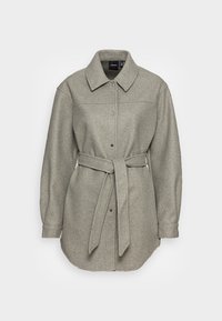 Harmaa villasekoitepaitatakki, jossa on kaulus, napitettu etuosa ja vyötäröllä solmittava vyö. Siinä on pitkät hihat ja rento siluetti.