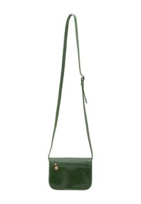 Borsa a tracolla verde in pelle con finitura liscia, forma rettangolare, tracolla regolabile e tasca posteriore con zip e piccolo accento dorato.