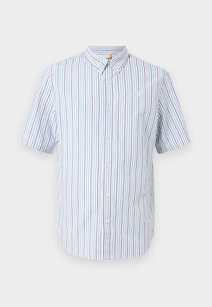 Short-sleeve button-up shirt in light fabric, featuring vertical stripes in blue, pink, and white. Includes pointed collar and small logo.