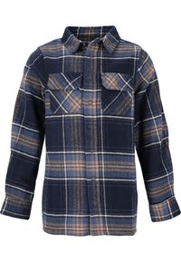 Chemise en flanelle à carreaux marine avec deux poches poitrine, fermeture à boutons et manches longues. Le design inclut des accents beige et bleu clair.