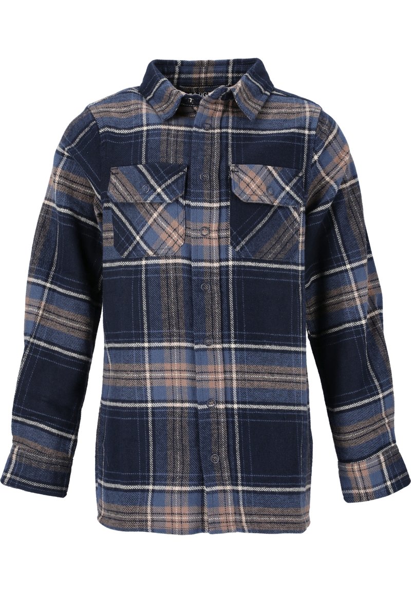 Chemise en flanelle à carreaux marine avec deux poches poitrine, fermeture à boutons et manches longues. Le design inclut des accents beige et bleu clair.