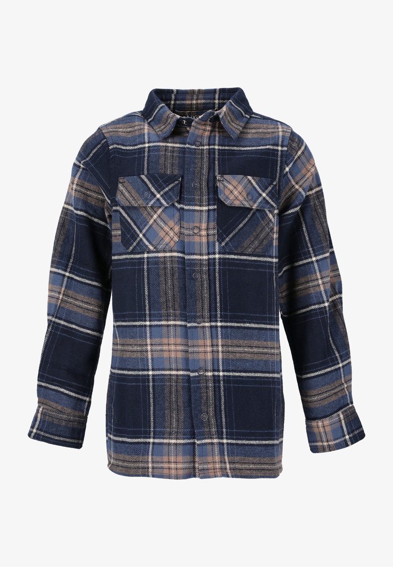 Navy plaid flannel shirt featuring two chest pockets, button closure, and long sleeves. Design includes beige and light blue accents.