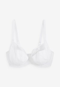 Hvid BH med polstrede, sømløse skåle og justerbare stropper. Har et netpanel på siderne og en enkel lukning med hægte bagpå.