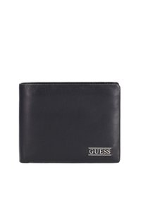 Portefeuille en cuir noir avec une finition texturée, orientation horizontale, et un logo argenté "GUESS" à l'avant.
