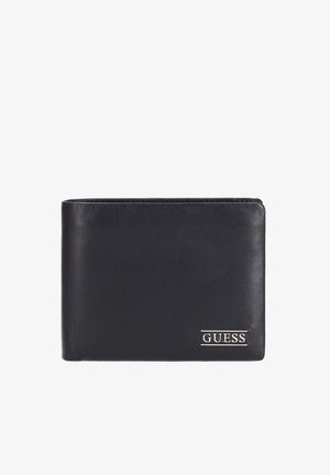 Portefeuille en cuir noir avec une finition texturée, orientation horizontale, et un logo argenté "GUESS" à l'avant.
