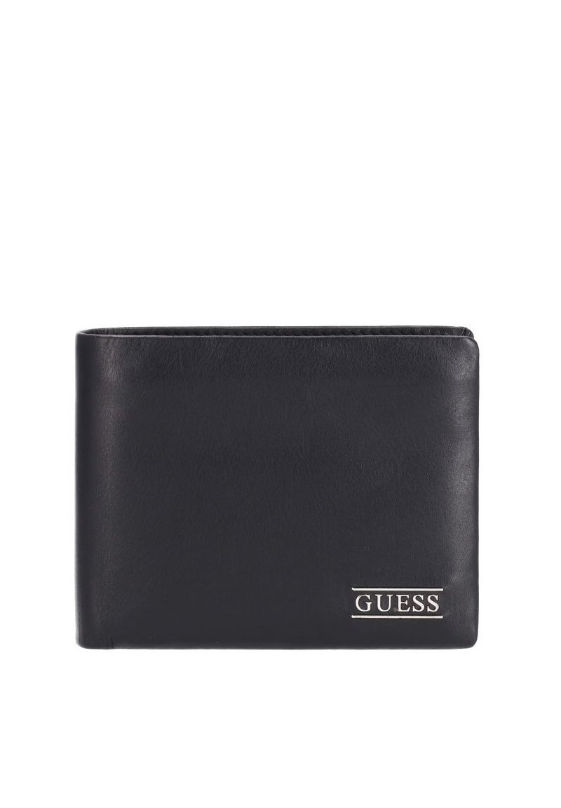 Portefeuille en cuir noir avec une finition texturée, orientation horizontale, et un logo argenté "GUESS" à l'avant.