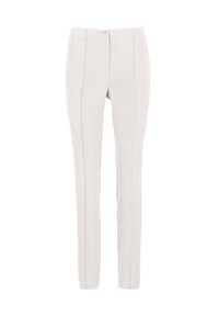 Hellgraue Slim-Fit-Hosen mit hoher Taille, Knopfverschluss und vertikalen Nahtdetails auf der Vorderseite.