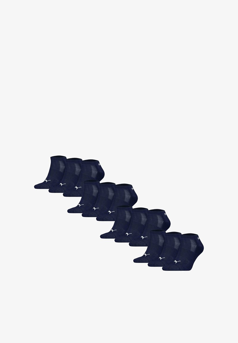 Calze alla caviglia blu marine realizzate in un misto di tessuti, con texture a costine e punta rinforzata, presentano un piccolo logo bianco su ciascuna calza. Confezione da dieci.