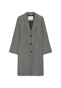 Palton cu houndstooth gri și negru, cu rever băgat, design cu un singur rând de nasturi și două buzunare frontale. Dispune de o captuseală netedă și patru nasturi.