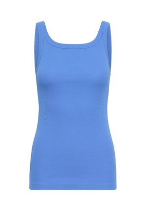 Blue sleeveless ribbed tank top with wide shoulder straps and square neckline on a white background.
