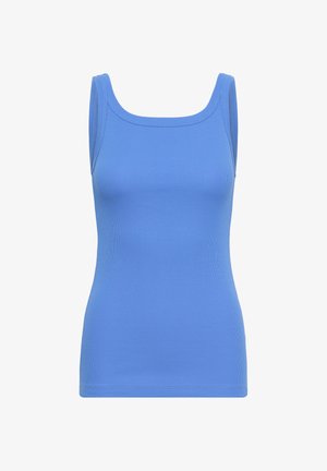 Débardeur bleu sans manches en tissu côtelé avec larges bretelles et encolure carrée sur fond blanc.