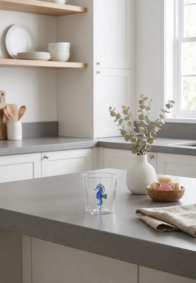 Przezroczysta szklanka z niebieskim wzorem konika morskiego na wyspie kuchennej, obok białego wazonu z eukaliptusem i miski z makaronikami w jasnej kuchni.