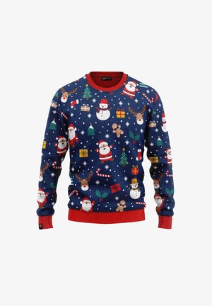 Blauer Strickpullover mit bunten Weihnachtsmotiven, darunter Weihnachtsmann, Tiere, Schneemänner, Geschenke und Zuckerstangen. Rote Akzente an den Säumen.