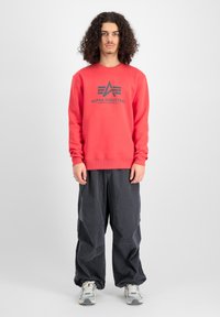 Felpa rossa con logo "ALPHA INDUSTRIES" in nero; vestibilità comoda. Abbinata a pantaloni larghi scuri e sneakers grigie. Texture liscia.