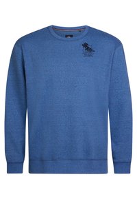 Sudadera de cuello redondo azul, hecha de un tejido texturizado, con un pequeño diseño gráfico negro en la parte frontal y puños y dobladillo acanalados.