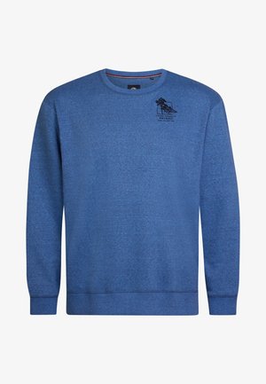 Blaues Crewneck-Sweatshirt aus strukturiertem Stoff, mit einem kleinen schwarzen Grafikdesign auf der Vorderseite und gerippten Bündchen und Saum.