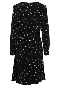 Robe noire à manches longues, taille élastique et petit motif floral coloré en violet et vert. Fermeture par zip au dos, longueur en dessous du genou.