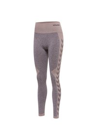 Leggings gris de cintura alta con un tejido de punto texturizado, que presentan un patrón en zigzag de color beige claro en los laterales.