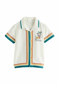 Short-sleeve white shirt with teal, orange, and yellow vertical stripes. Features a palm tree graphic and wooden buttons at the front.