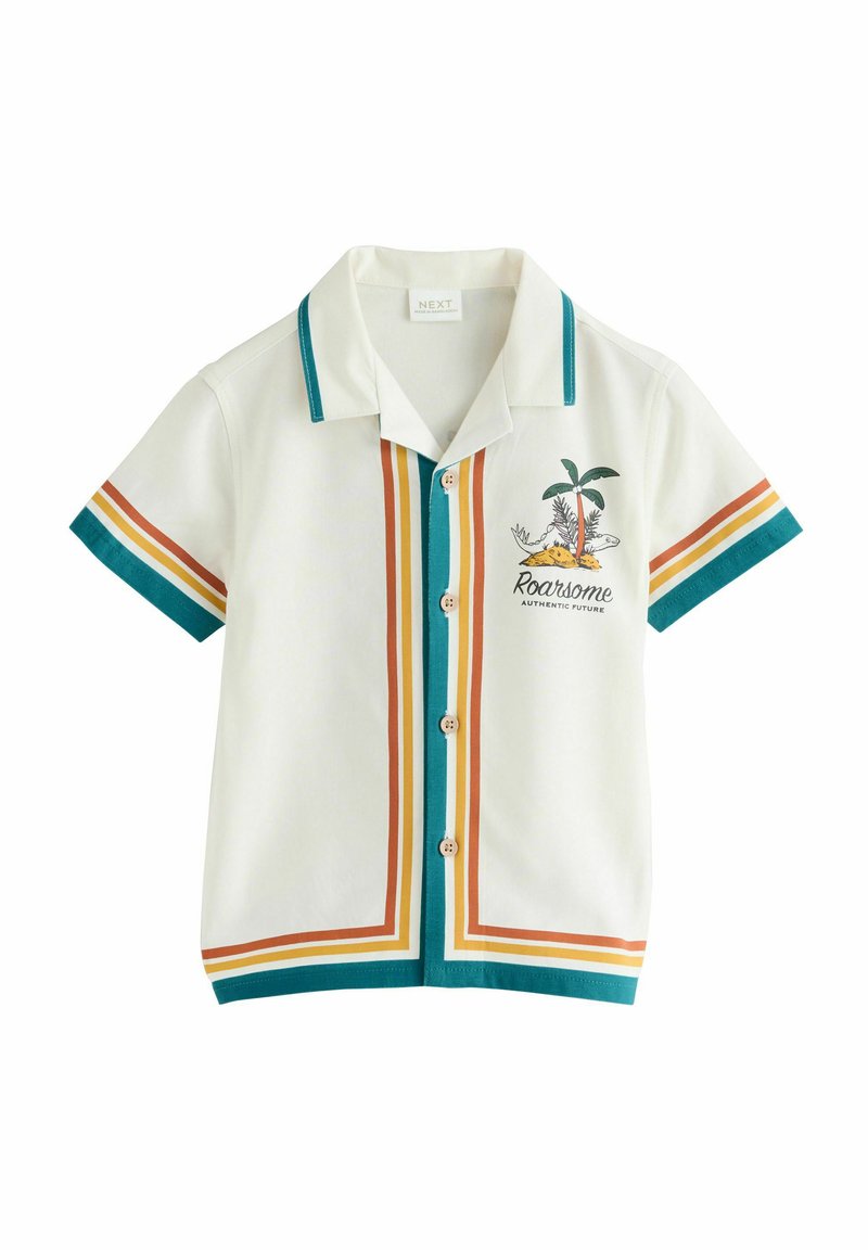 Short-sleeve white shirt with teal, orange, and yellow vertical stripes. Features a palm tree graphic and wooden buttons at the front.