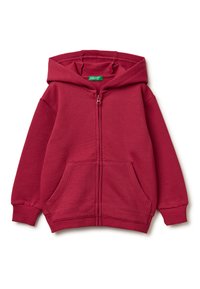 Czerwona bluza z kapturem na zamek, wykonana z miękkiego materiału, z kapturem, dwiema przednimi kieszeniami i ściągaczami przy rękawach. Prosty design bez widocznych wzorów.