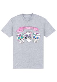 Šedé tričko s třemi barevnými cukrovými lebkami pod růžovou stužkovou páskou s nápisem "HONEYDUKES".