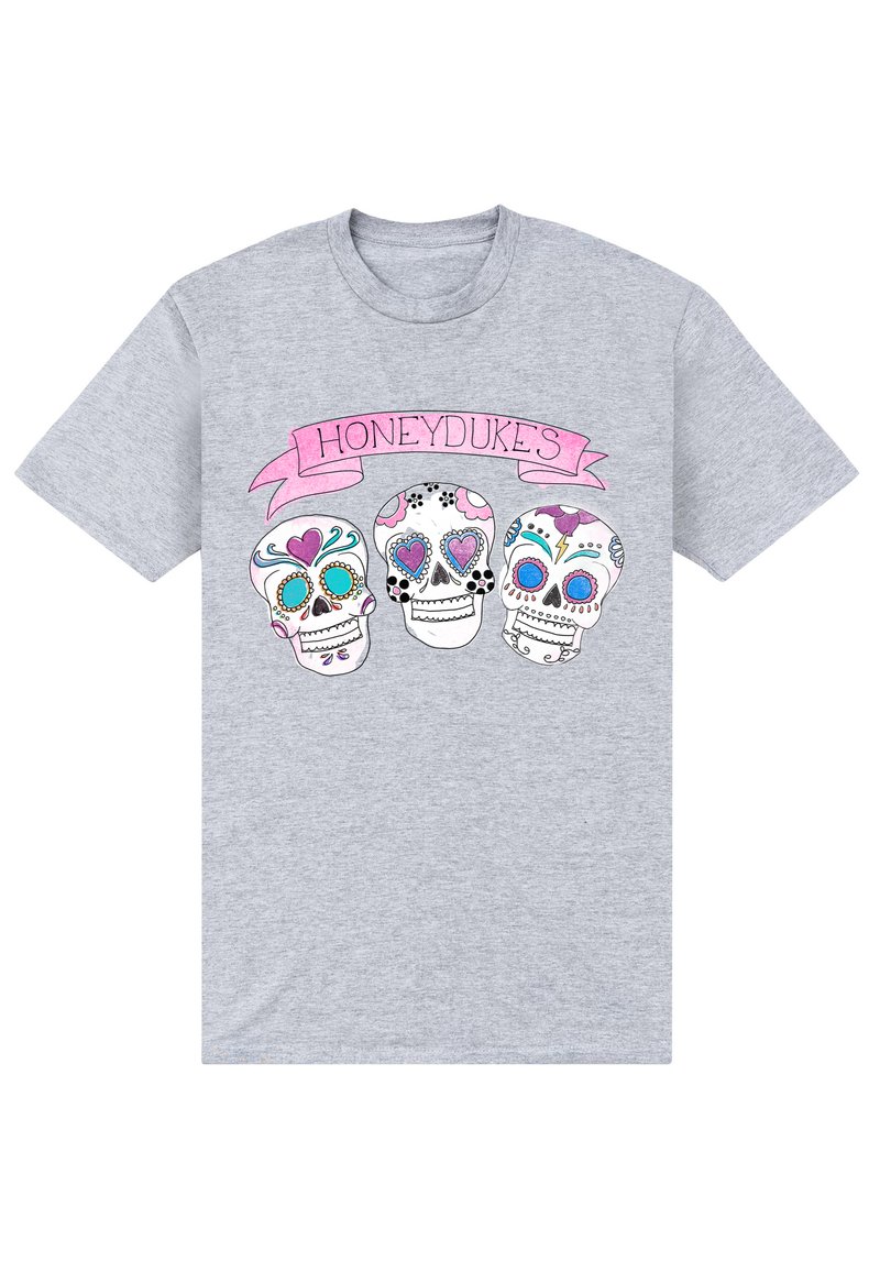 Šedé tričko s třemi barevnými cukrovými lebkami pod růžovou stužkovou páskou s nápisem "HONEYDUKES".