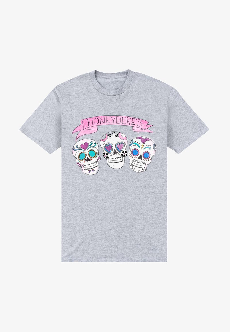 Grijs T-shirt met drie kleurrijke suikerschedels onder een roze lintbanner met de tekst "HONEYDUKES."
