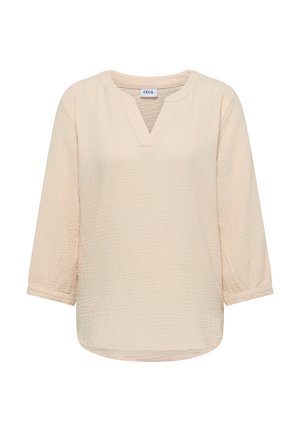 Blusa beige testurizzata con maniche a tre quarti e scollo a V con intaglio, realizzata in tessuto leggero e arricciato.
