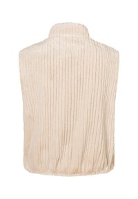 Beige ärmellose Weste mit vertikaler Rippenstruktur, hohem Kragen und elastischem Saum. Hergestellt aus weichem, plüschigem Material.