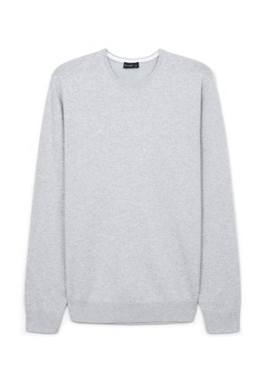 Pull-over long à manches longues gris clair avec des poignets et un ourlet côtelés, présenté à plat sur un fond blanc.