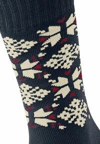 Marineblaue Socken mit einem gestrickten Muster aus elfenbeinfarbenen Bäumen mit roten Akzenten. Strukturiertes Material, mittlere Wadenlänge und geripptes Bündchen-Design.