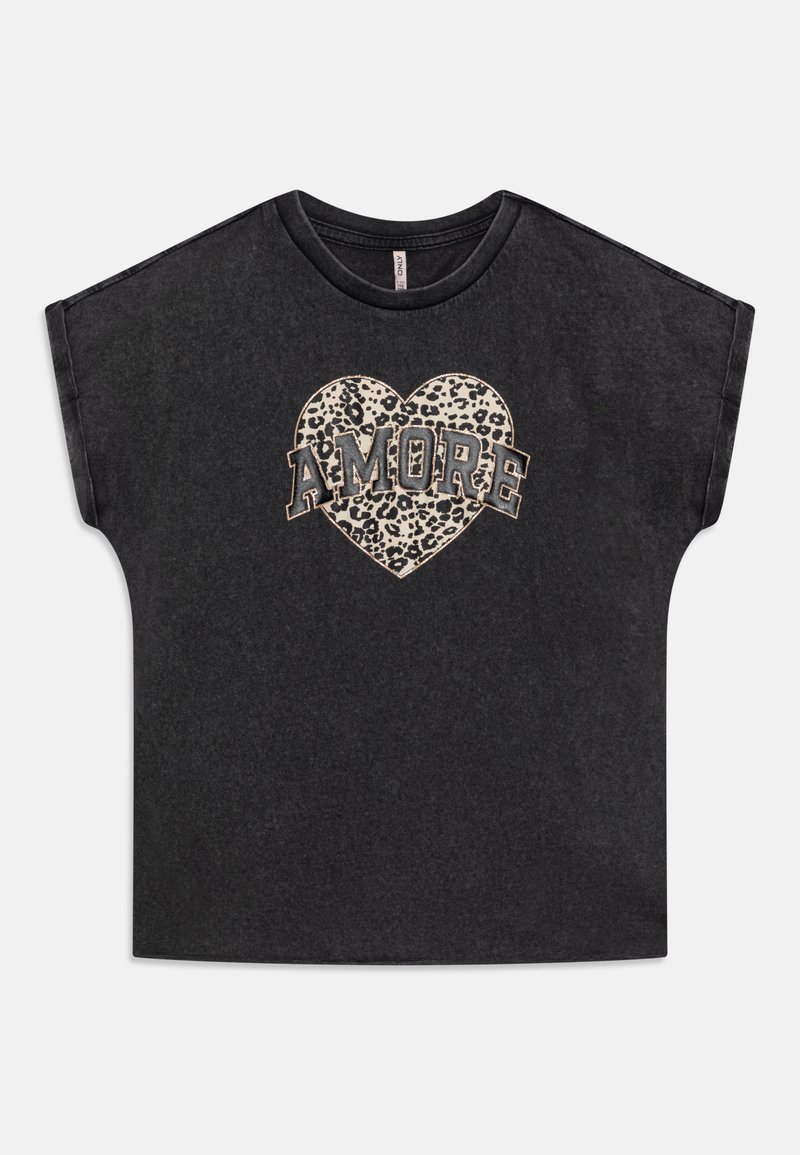 Černé tričko s krátkým rukávem s designem srdce z leopardího vzoru a slovem "AMORE" v tučných písmenech. Bavlněný materiál, volný střih.