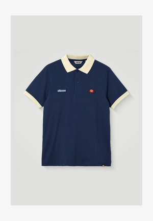Mørkeblå kortærmet polo med cremefarvet krave og manchetter, med Elleese-logo og et lille rød-orange emblem på brystet.