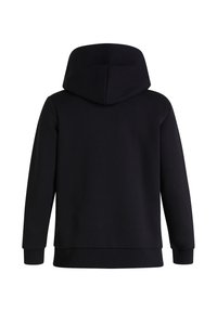 Schwarzer Hoodie mit einer großen, runden Kapuze, langen Ärmeln und einem gerippten Saum. Aus weichem Stoff gefertigt, mit glatter Textur und minimalistischem Design.
