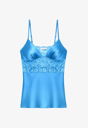 Camisole en satin bleu vif avec une bordure en dentelle sur le buste, des bretelles ajustables et une texture lisse et brillante.