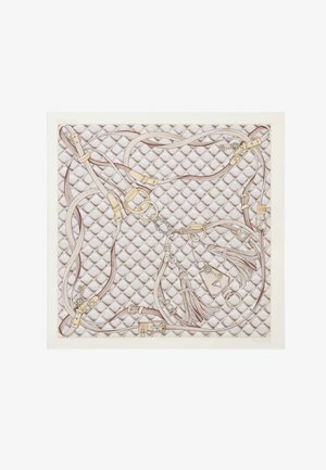 Écharpe crème et beige à motifs avec fond matelassé, dotée de sangles entrelacées, de pompons, de boucles dorées et de détails du logo Guess.