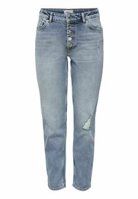 Hoge taille lichtblauwe spijkerbroeken met een knoopsluiting aan de voorkant, vijf zakken en beschadigde details. Gemaakt van denim met een licht vervaagde afwerking.